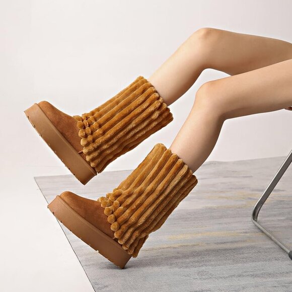 ✨Women's Brown Platform Fur Boots Fuzzy Fleece Lined Ankle Anti-Slip Booties - Picture 5 of 6